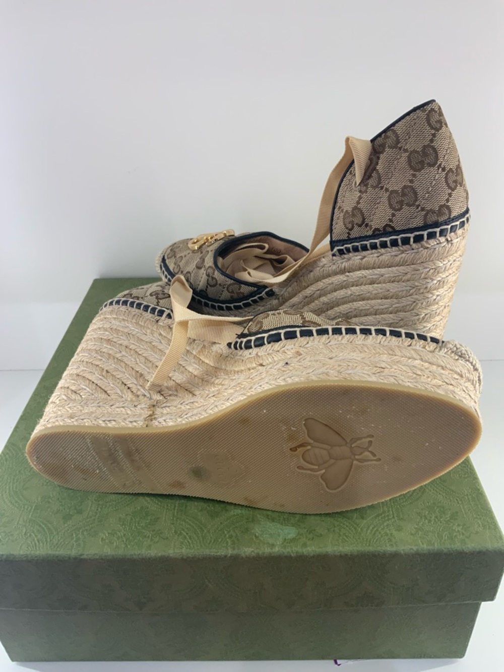 Pre Owned Gucci Beige Brown GG Canvas Espadrille Wedges Shoes with Gold GG w Box - Picture 2 of 8